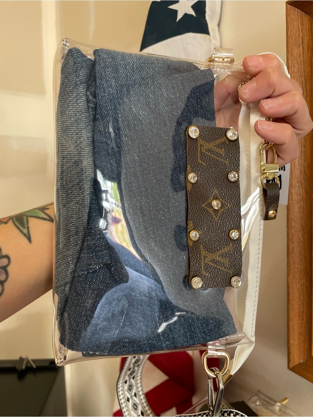 STADIUM BAG Crossbody black and White Strap studded Luxury Upcycle